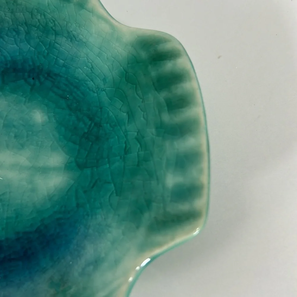 Crate & Barrel Japanese Crackle Ceramic Blue Green Fish Trinket/Kitchen Dish